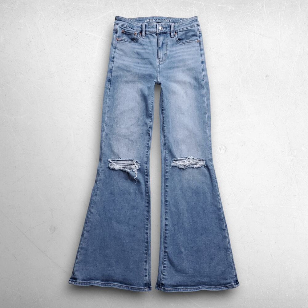 American Eagle Super High Rise Flare Jeans Women 0S Blue Stretch Distressed Boho